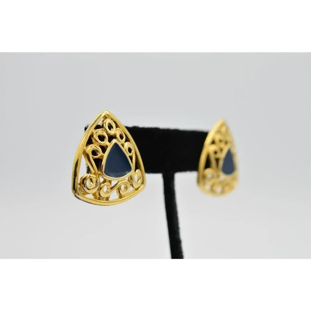 Vintage Triangle Clip Earrings Gold Tone Navy Blue Enamel Geometric NOS 1980s W4